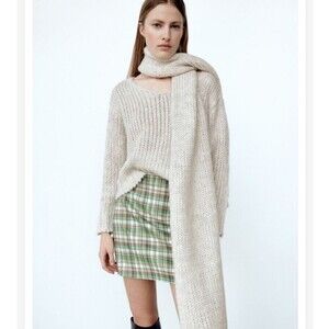 RETRO Zara Green Brown Cream Check Plaid High Waist Classic Mini Skirt XS